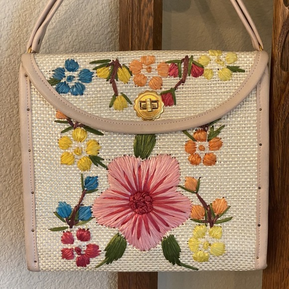 Vintage 1960s Floral Rafia Purse Beautiful Wood Sided Bag Please Read - Picture 2 of 16